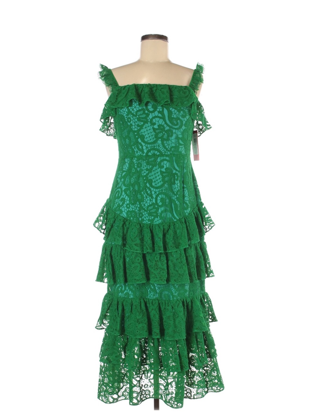 ML Monique Luhllier Green Tiered Lace Midi Dress